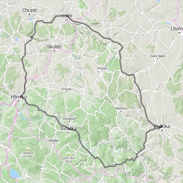 Map miniature of "Kamenec u Poličky and Nová Ves u Jarošova Loop" cycling inspiration in Severovýchod, Czech Republic. Generated by Tarmacs.app cycling route planner