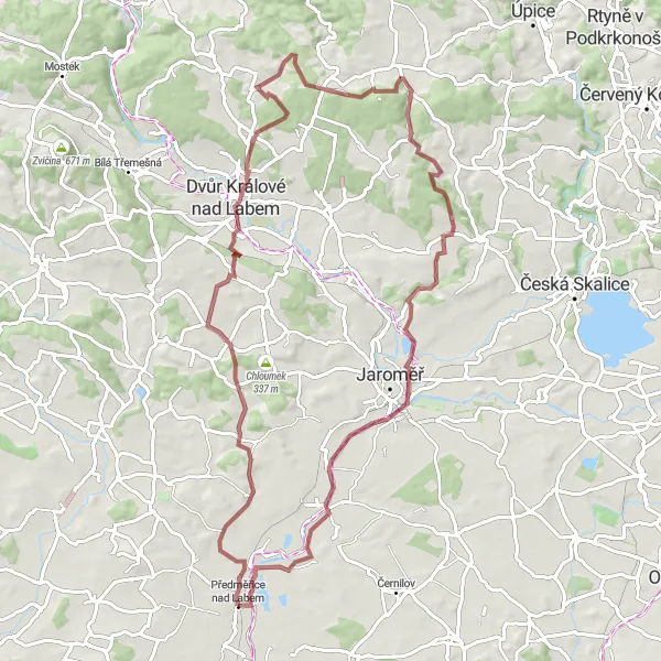 Miniaturní mapa "Gravelová výprava do Dvora Králové nad Labem" inspirace pro cyklisty v oblasti Severovýchod, Czech Republic. Vytvořeno pomocí plánovače tras Tarmacs.app