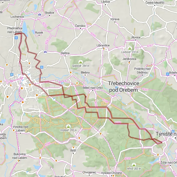 Map miniature of "Pouchov and Albrechtice Gravel Loop" cycling inspiration in Severovýchod, Czech Republic. Generated by Tarmacs.app cycling route planner