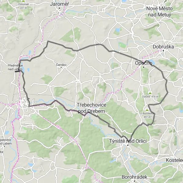 Map miniature of "České Meziříčí and Věkoše Road Loop" cycling inspiration in Severovýchod, Czech Republic. Generated by Tarmacs.app cycling route planner