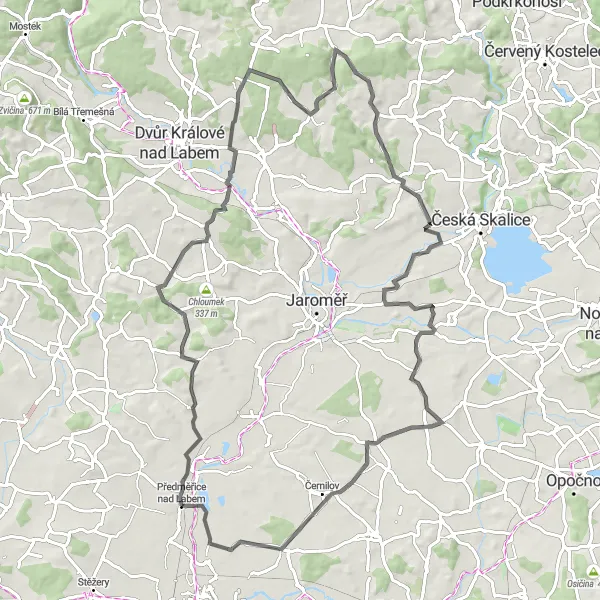 Miniaturní mapa "Kopcovitá cesta kolem Nových Kocber" inspirace pro cyklisty v oblasti Severovýchod, Czech Republic. Vytvořeno pomocí plánovače tras Tarmacs.app