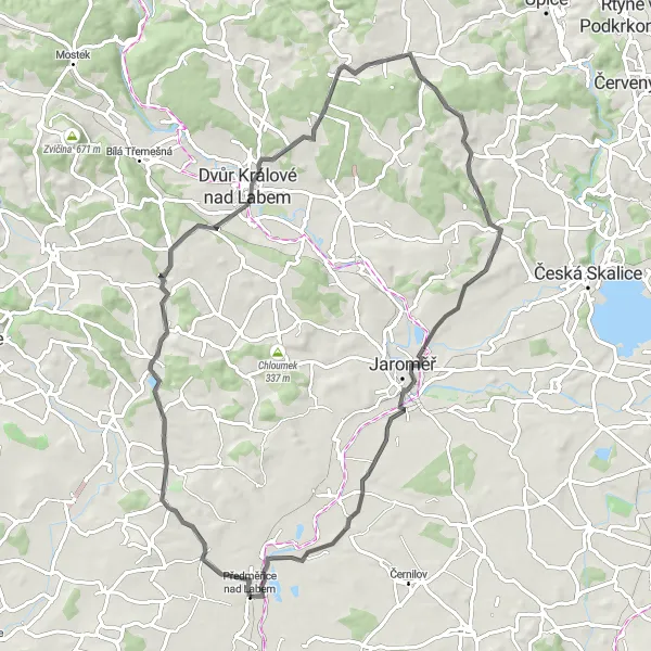 Miniaturní mapa "Road Cycling Excursion to Nové Kocbeře" inspirace pro cyklisty v oblasti Severovýchod, Czech Republic. Vytvořeno pomocí plánovače tras Tarmacs.app