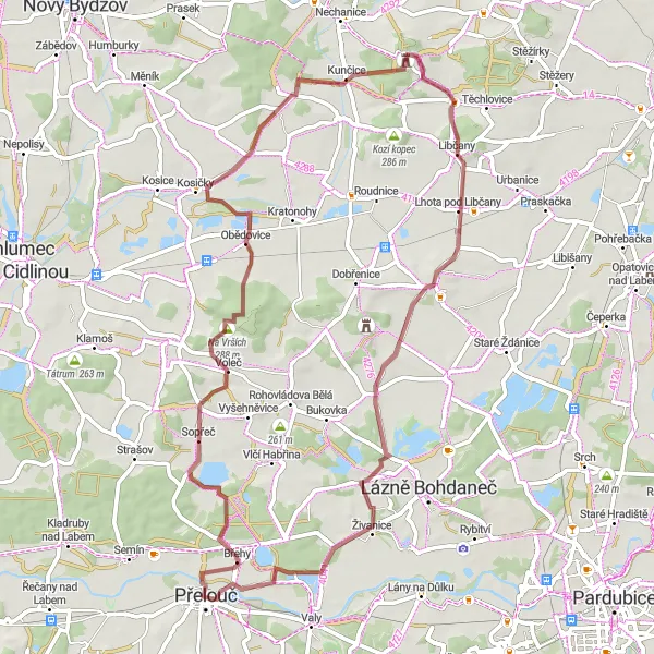 Mapa miniatúra "Gravelový okruh přes Kunčice a Lohenice" cyklistická inšpirácia v Severovýchod, Czech Republic. Vygenerované cyklistickým plánovačom trás Tarmacs.app