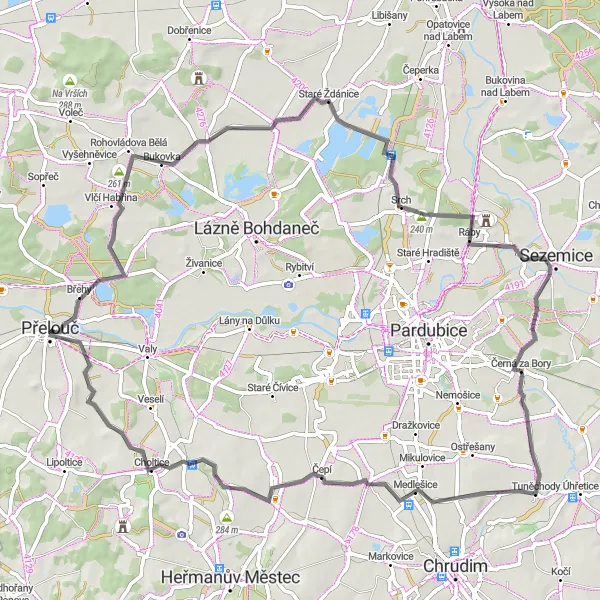 Mapa miniatúra "Po stopách historie kolem Přelouče" cyklistická inšpirácia v Severovýchod, Czech Republic. Vygenerované cyklistickým plánovačom trás Tarmacs.app