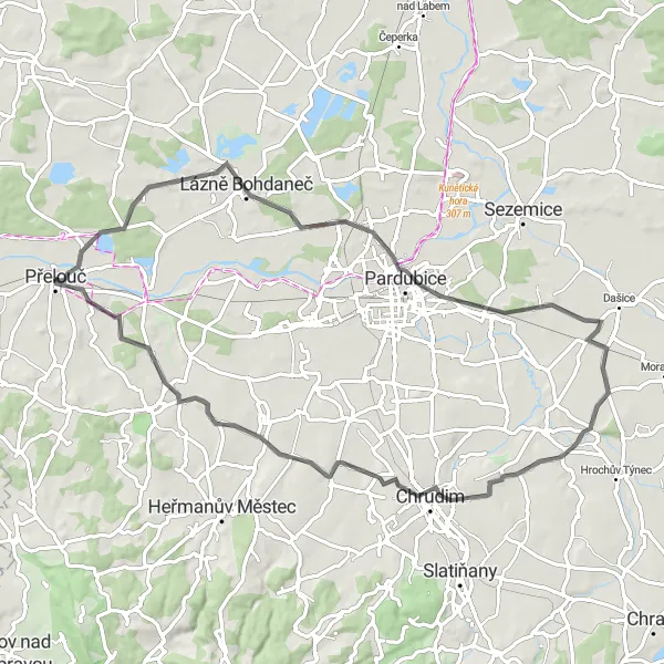 Miniaturní mapa "Cestování přes kapli Lázně Bohdaneč" inspirace pro cyklisty v oblasti Severovýchod, Czech Republic. Vytvořeno pomocí plánovače tras Tarmacs.app