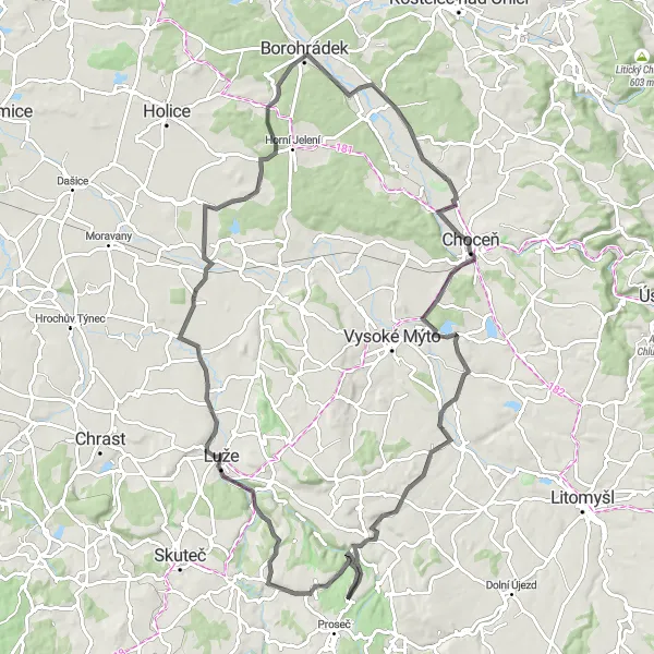 Mapa miniatúra "Road Route Vinice vyhlídka" cyklistická inšpirácia v Severovýchod, Czech Republic. Vygenerované cyklistickým plánovačom trás Tarmacs.app