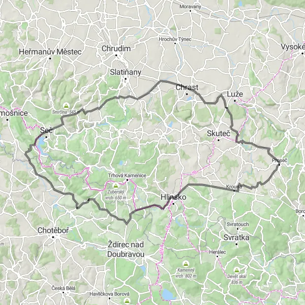 Mapa miniatúra "Road kolo okolo Proseče s výstupem na Medkovy kopce" cyklistická inšpirácia v Severovýchod, Czech Republic. Vygenerované cyklistickým plánovačom trás Tarmacs.app