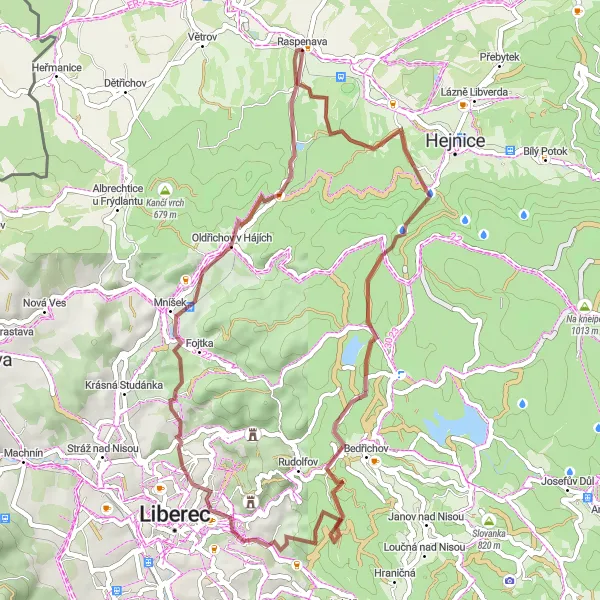 Mapa miniatúra "Gravelová výzva k horám" cyklistická inšpirácia v Severovýchod, Czech Republic. Vygenerované cyklistickým plánovačom trás Tarmacs.app