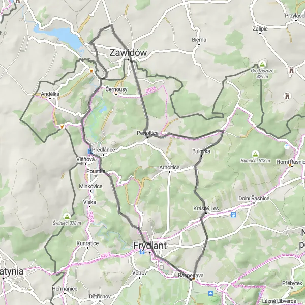 Mapa miniatúra "Cyklotúra dedinami" cyklistická inšpirácia v Severovýchod, Czech Republic. Vygenerované cyklistickým plánovačom trás Tarmacs.app