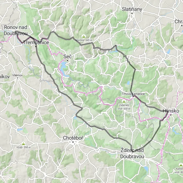 Mapa miniatúra "Road Ronov nad Doubravou - Třemošnice Route" cyklistická inšpirácia v Severovýchod, Czech Republic. Vygenerované cyklistickým plánovačom trás Tarmacs.app