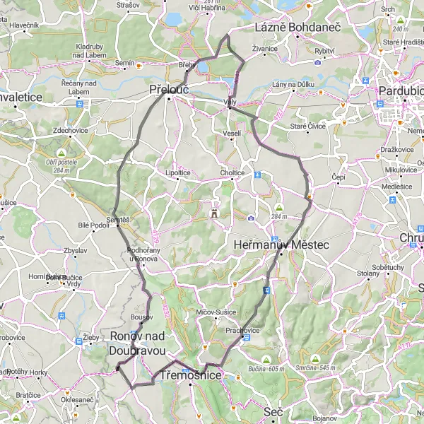 Map miniature of "The Countryside Adventure" cycling inspiration in Severovýchod, Czech Republic. Generated by Tarmacs.app cycling route planner