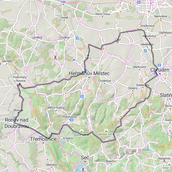 Miniaturní mapa "Okruh kolem Ronova nad Doubravou" inspirace pro cyklisty v oblasti Severovýchod, Czech Republic. Vytvořeno pomocí plánovače tras Tarmacs.app