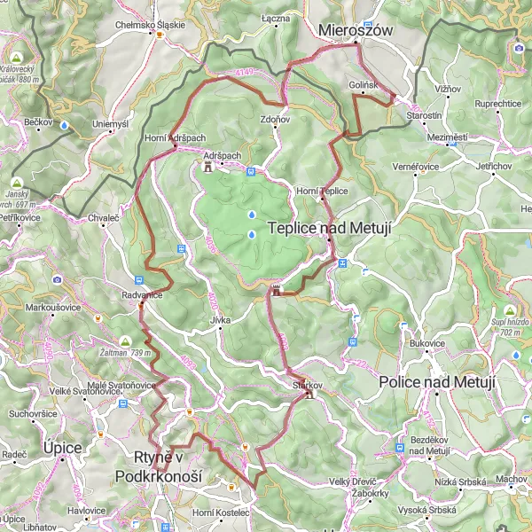 Map miniature of "Adršpach Gravel Adventure" cycling inspiration in Severovýchod, Czech Republic. Generated by Tarmacs.app cycling route planner