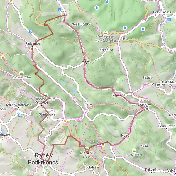 Miniaturní mapa "Gravelová trasa Kolčarka - Švédský vrch" inspirace pro cyklisty v oblasti Severovýchod, Czech Republic. Vytvořeno pomocí plánovače tras Tarmacs.app