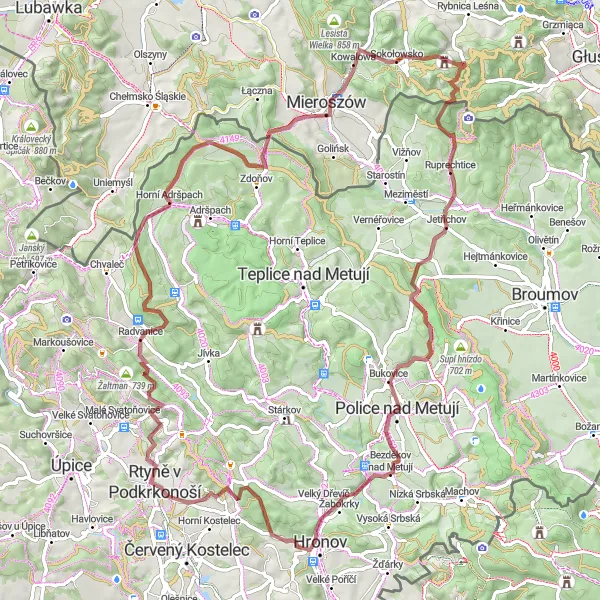 Mapa miniatúra "Cyklistická trasa kolem Rtyně v Podkrkonoší Gravel" cyklistická inšpirácia v Severovýchod, Czech Republic. Vygenerované cyklistickým plánovačom trás Tarmacs.app