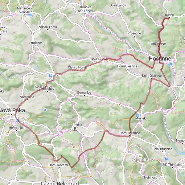 Mapa miniatúra "Gravelová trasa Dolní Kalná" cyklistická inšpirácia v Severovýchod, Czech Republic. Vygenerované cyklistickým plánovačom trás Tarmacs.app