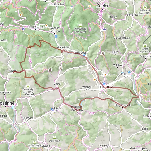 Mapa miniatúra "Gravelová trasa Mladé Buky" cyklistická inšpirácia v Severovýchod, Czech Republic. Vygenerované cyklistickým plánovačom trás Tarmacs.app