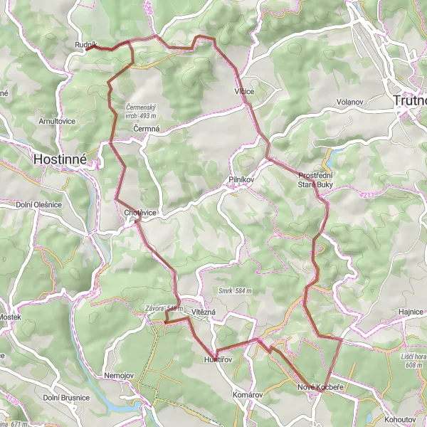 Miniaturní mapa "Gravelová trasa Rudník - Červená výšina" inspirace pro cyklisty v oblasti Severovýchod, Czech Republic. Vytvořeno pomocí plánovače tras Tarmacs.app