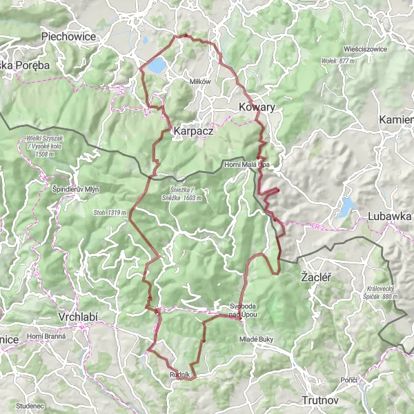 Map miniature of "Krkonoše Gravel Adventure" cycling inspiration in Severovýchod, Czech Republic. Generated by Tarmacs.app cycling route planner