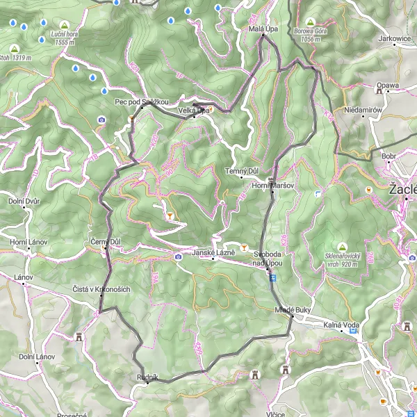 Miniaturní mapa "Prozkoumejte Krkonoše na kole" inspirace pro cyklisty v oblasti Severovýchod, Czech Republic. Vytvořeno pomocí plánovače tras Tarmacs.app