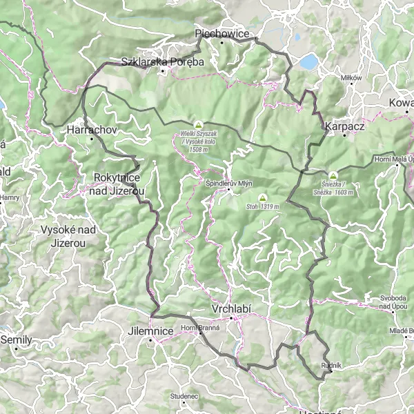 Miniaturní mapa "Náročný okruh přes Krkonoše" inspirace pro cyklisty v oblasti Severovýchod, Czech Republic. Vytvořeno pomocí plánovače tras Tarmacs.app