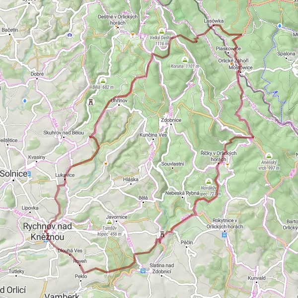 Map miniature of "Orlické Mountains Gravel Adventure" cycling inspiration in Severovýchod, Czech Republic. Generated by Tarmacs.app cycling route planner