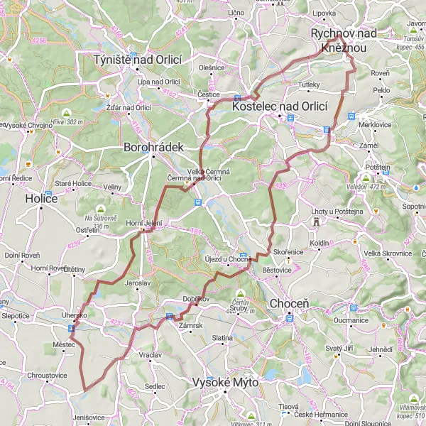 Miniaturní mapa "Gravelový okruh kolem Rychnova nad Kněžnou" inspirace pro cyklisty v oblasti Severovýchod, Czech Republic. Vytvořeno pomocí plánovače tras Tarmacs.app