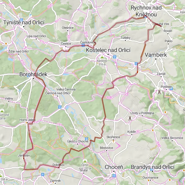 Miniaturní mapa "Gravelová výzva podél okolí Rychnova nad Kněžnou" inspirace pro cyklisty v oblasti Severovýchod, Czech Republic. Vytvořeno pomocí plánovače tras Tarmacs.app