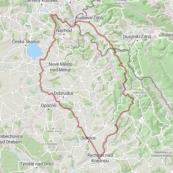 Map miniature of "Orlické Mountains Gravel Expedition" cycling inspiration in Severovýchod, Czech Republic. Generated by Tarmacs.app cycling route planner
