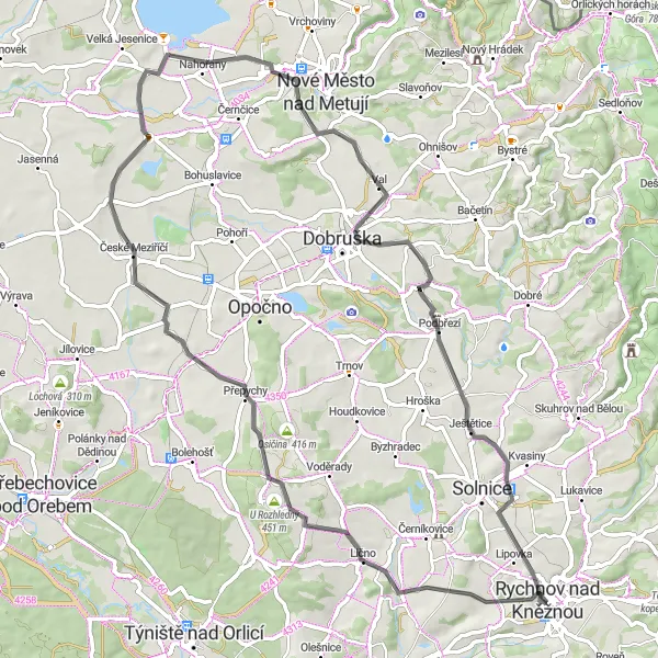 Map miniature of "Metuje Valley Delight" cycling inspiration in Severovýchod, Czech Republic. Generated by Tarmacs.app cycling route planner