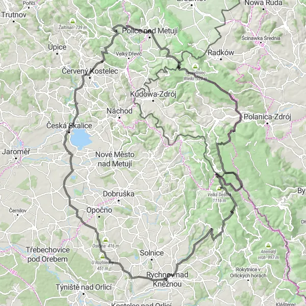 Miniaturní mapa "Delší okruh kolem Rychnova nad Kněžnou" inspirace pro cyklisty v oblasti Severovýchod, Czech Republic. Vytvořeno pomocí plánovače tras Tarmacs.app