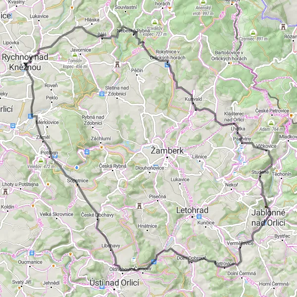 Miniaturní mapa "Okruh kolem Rychnova nad Kněžnou" inspirace pro cyklisty v oblasti Severovýchod, Czech Republic. Vytvořeno pomocí plánovače tras Tarmacs.app