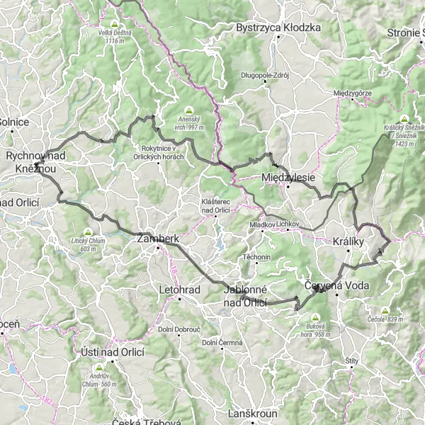 Map miniature of "Orlí Vyhlídka Loop" cycling inspiration in Severovýchod, Czech Republic. Generated by Tarmacs.app cycling route planner