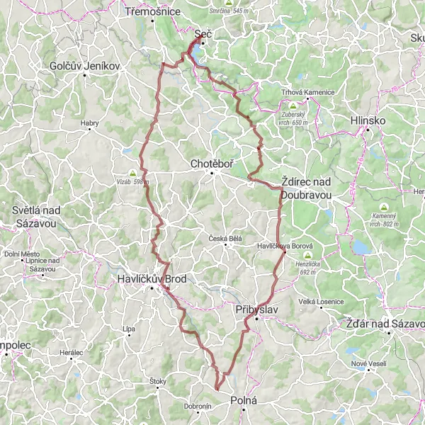 Map miniature of "The Olšina and Jankův kopec Gravel Adventure" cycling inspiration in Severovýchod, Czech Republic. Generated by Tarmacs.app cycling route planner