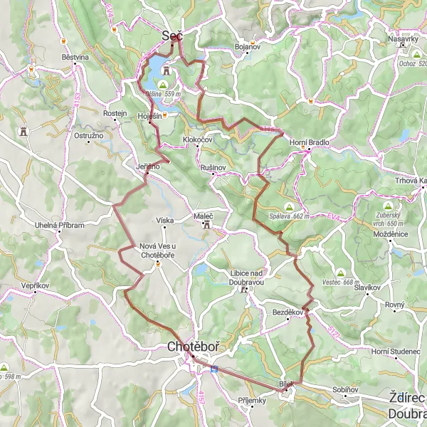 Mapa miniatúra "Gravelová cyklotrasa okolo Seče" cyklistická inšpirácia v Severovýchod, Czech Republic. Vygenerované cyklistickým plánovačom trás Tarmacs.app