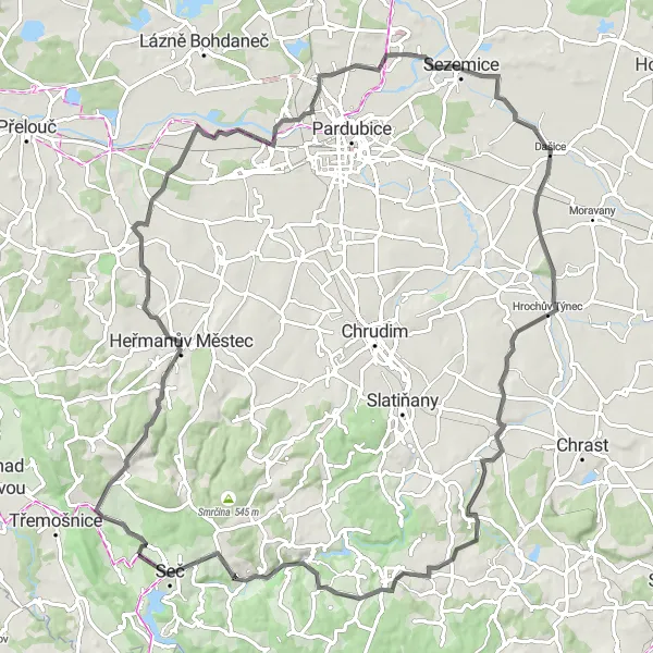 Miniaturní mapa "Panoramatická cesta kolem Kunětické hory" inspirace pro cyklisty v oblasti Severovýchod, Czech Republic. Vytvořeno pomocí plánovače tras Tarmacs.app