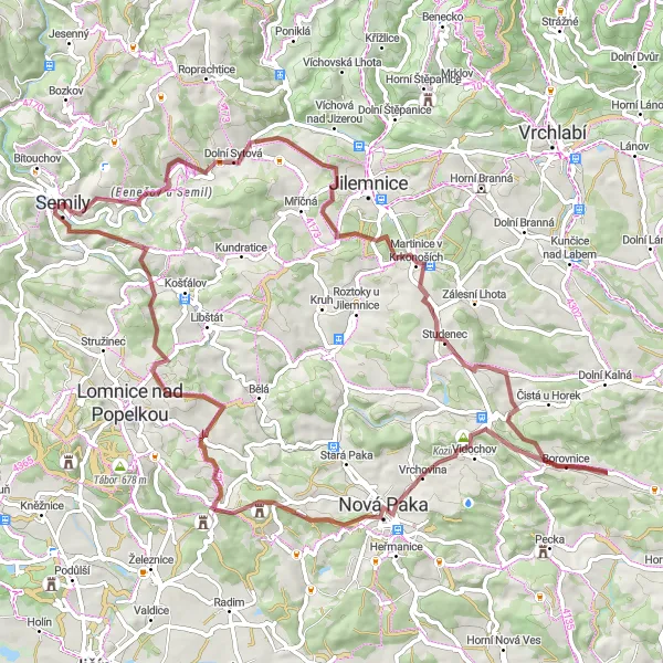 Miniaturní mapa "Gravelová cesta kolem Semil" inspirace pro cyklisty v oblasti Severovýchod, Czech Republic. Vytvořeno pomocí plánovače tras Tarmacs.app