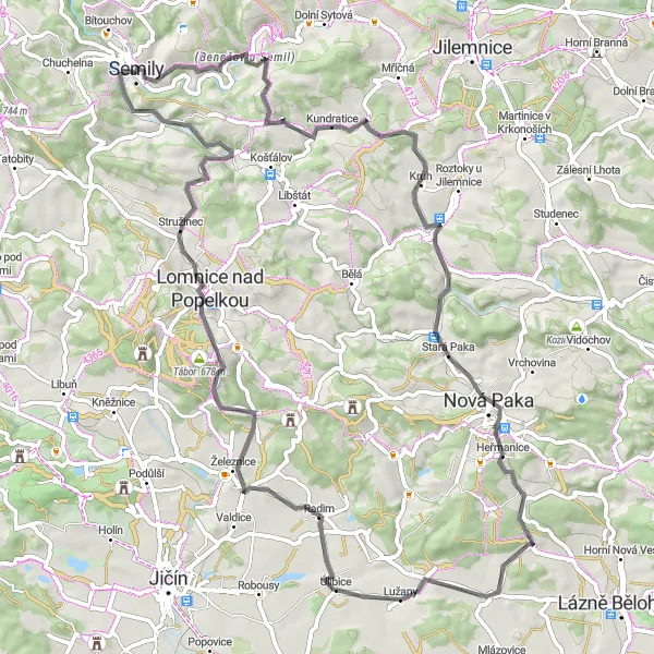 Miniaturní mapa "Cyklotrasa okolo Semil: Rychlostní světci a malebné vesnice" inspirace pro cyklisty v oblasti Severovýchod, Czech Republic. Vytvořeno pomocí plánovače tras Tarmacs.app