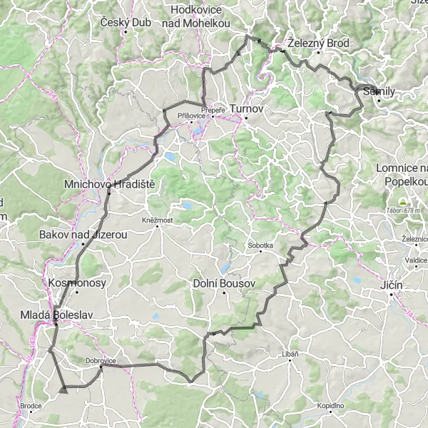 Mapa miniatúra "Road cyklozájezd kolem Semil" cyklistická inšpirácia v Severovýchod, Czech Republic. Vygenerované cyklistickým plánovačom trás Tarmacs.app