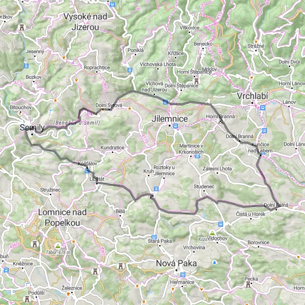 Map miniature of "Scenic Roads of Semily" cycling inspiration in Severovýchod, Czech Republic. Generated by Tarmacs.app cycling route planner