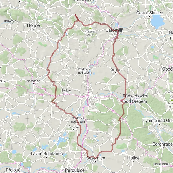 Miniaturní mapa "Gravel trasa Kunětická Hora" inspirace pro cyklisty v oblasti Severovýchod, Czech Republic. Vytvořeno pomocí plánovače tras Tarmacs.app