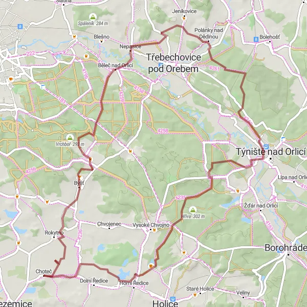 Map miniature of "Sezemice - Choteč" cycling inspiration in Severovýchod, Czech Republic. Generated by Tarmacs.app cycling route planner