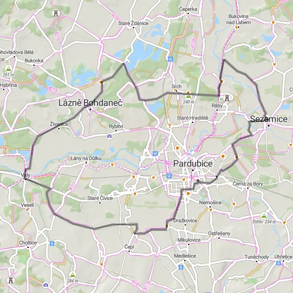 Mapa miniatúra "Jedinečné cesty kolem Sezemic" cyklistická inšpirácia v Severovýchod, Czech Republic. Vygenerované cyklistickým plánovačom trás Tarmacs.app