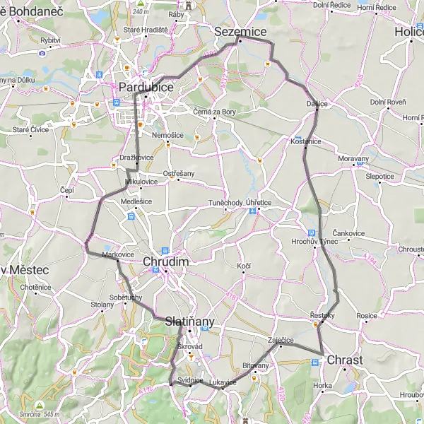 Map miniature of "Kostěnice Loop" cycling inspiration in Severovýchod, Czech Republic. Generated by Tarmacs.app cycling route planner