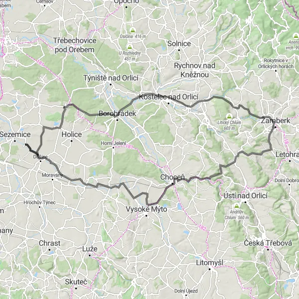 Miniaturní mapa "Trasa kolem Vysokého Chvojna" inspirace pro cyklisty v oblasti Severovýchod, Czech Republic. Vytvořeno pomocí plánovače tras Tarmacs.app