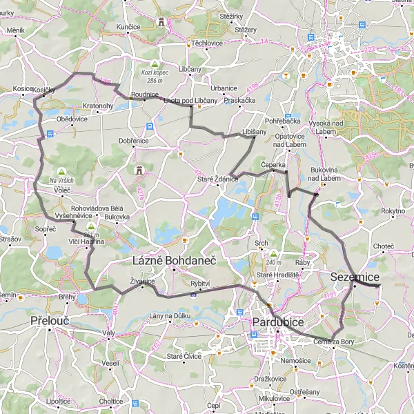 Map miniature of "Sezemice - Dražkov" cycling inspiration in Severovýchod, Czech Republic. Generated by Tarmacs.app cycling route planner