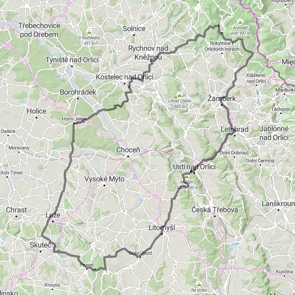 Miniaturní mapa "Chlumek - Hněvětice: náročná silniční cyklotrasa" inspirace pro cyklisty v oblasti Severovýchod, Czech Republic. Vytvořeno pomocí plánovače tras Tarmacs.app