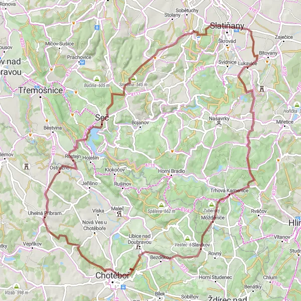 Miniaturní mapa "Gravel cycle route via Jahodnice and Rostejn" inspirace pro cyklisty v oblasti Severovýchod, Czech Republic. Vytvořeno pomocí plánovače tras Tarmacs.app