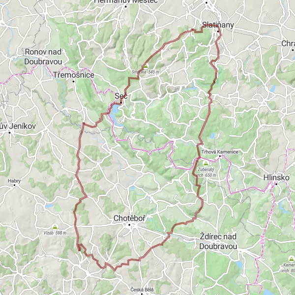 Miniaturní mapa "Gravel Route: Slatiňany Circuit" inspirace pro cyklisty v oblasti Severovýchod, Czech Republic. Vytvořeno pomocí plánovače tras Tarmacs.app