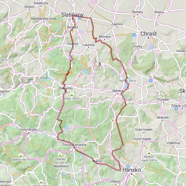 Mapa miniatúra "Gravelová trasa Bárův kopec" cyklistická inšpirácia v Severovýchod, Czech Republic. Vygenerované cyklistickým plánovačom trás Tarmacs.app